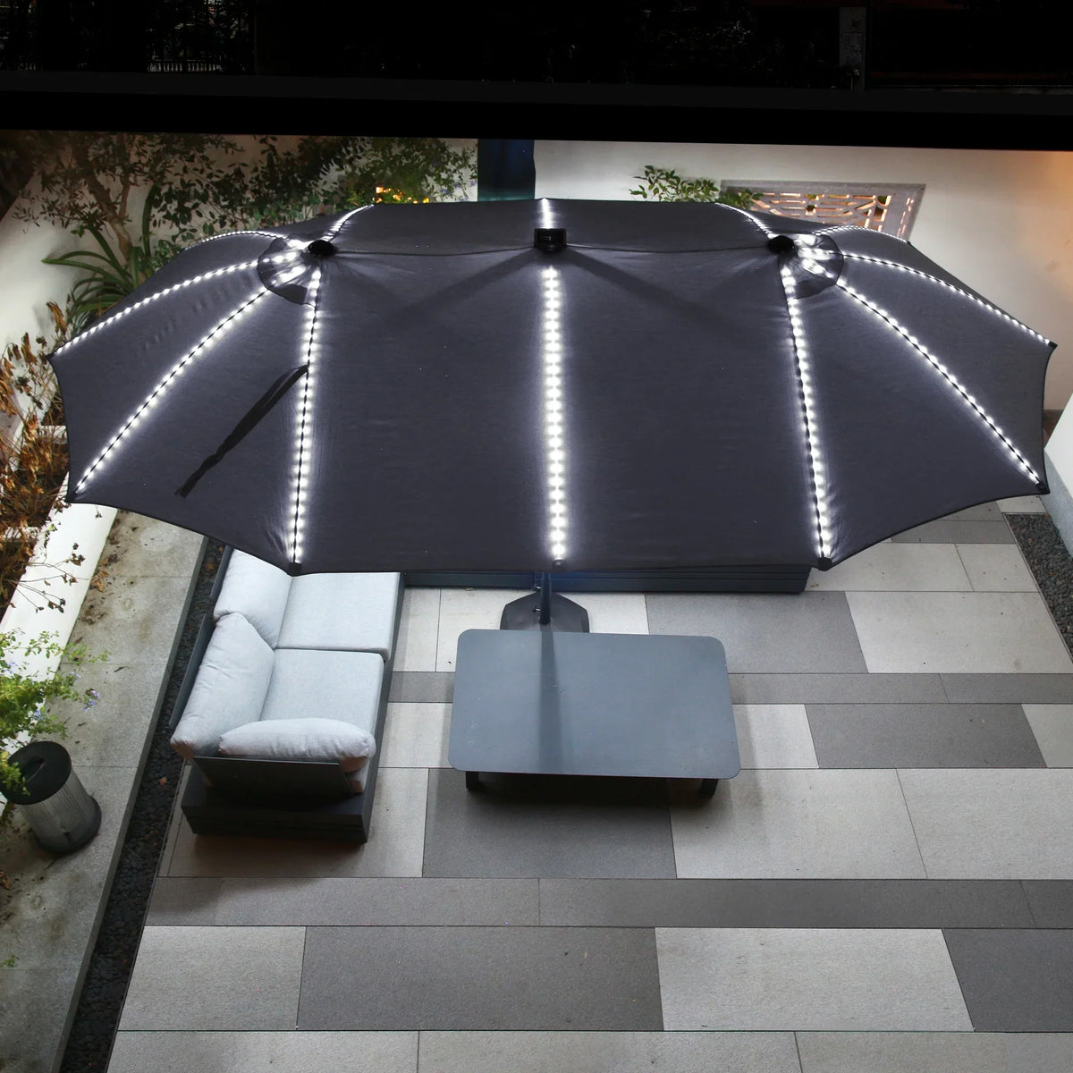 2026 NewMondawe 15ft Patio Umbrella, Large Double-Sided Solar LED Outdoor Umbrella with Fiberglass Ribs and Base for Deck Pool, Navy Blue