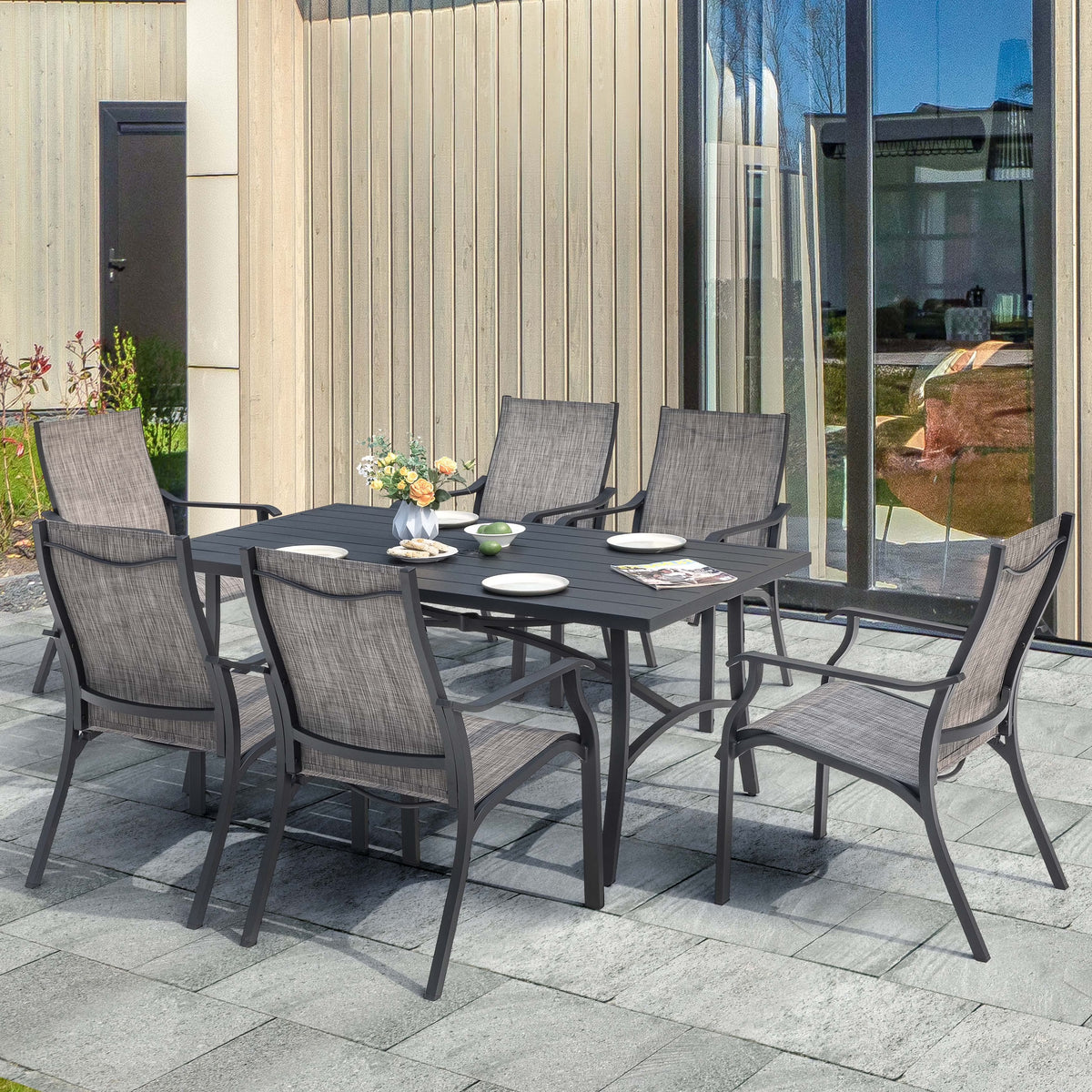 2026 NewNuu Garden 7 Piece Patio Dining Set, Rust-Resistant Aluminum Outdoor Dining Set, Include 6 Textilene Chairs and Rectangle Dining Table with Umbrella Hole, Grayish Brown