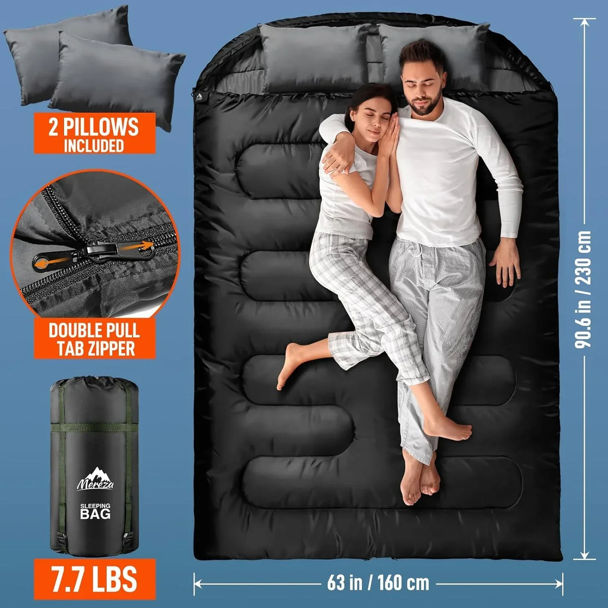 2026 NewDouble Sleeping Bag for Adults Mens with Pillow, XL Queen Size Two Person Sleeping Bag for All Season Camping Hiking Backpacking 2 Person Sleeping Bags for Cold Weather & Warm