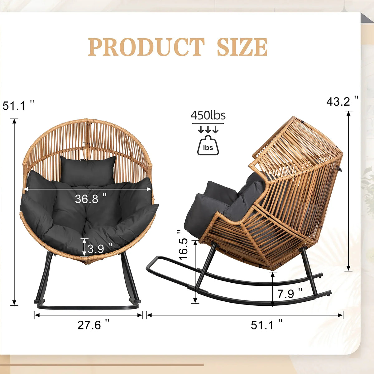 2026 NewWalsunny Egg Chairs Outdoor Patio Wicker Oversized Egg Shell Lounger Lawn Chair with Cushion for Indoor Outside Porch Balcony Backyard, Original Wood Color Rattan Beige Cushion