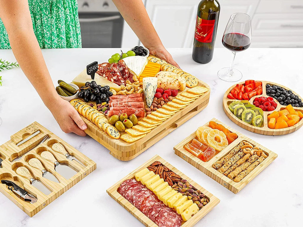 2026 NewZulay Kitchen Bamboo Cheese Board Set Extra Thick Charcuterie Board 15 Piece - Deluxe Set