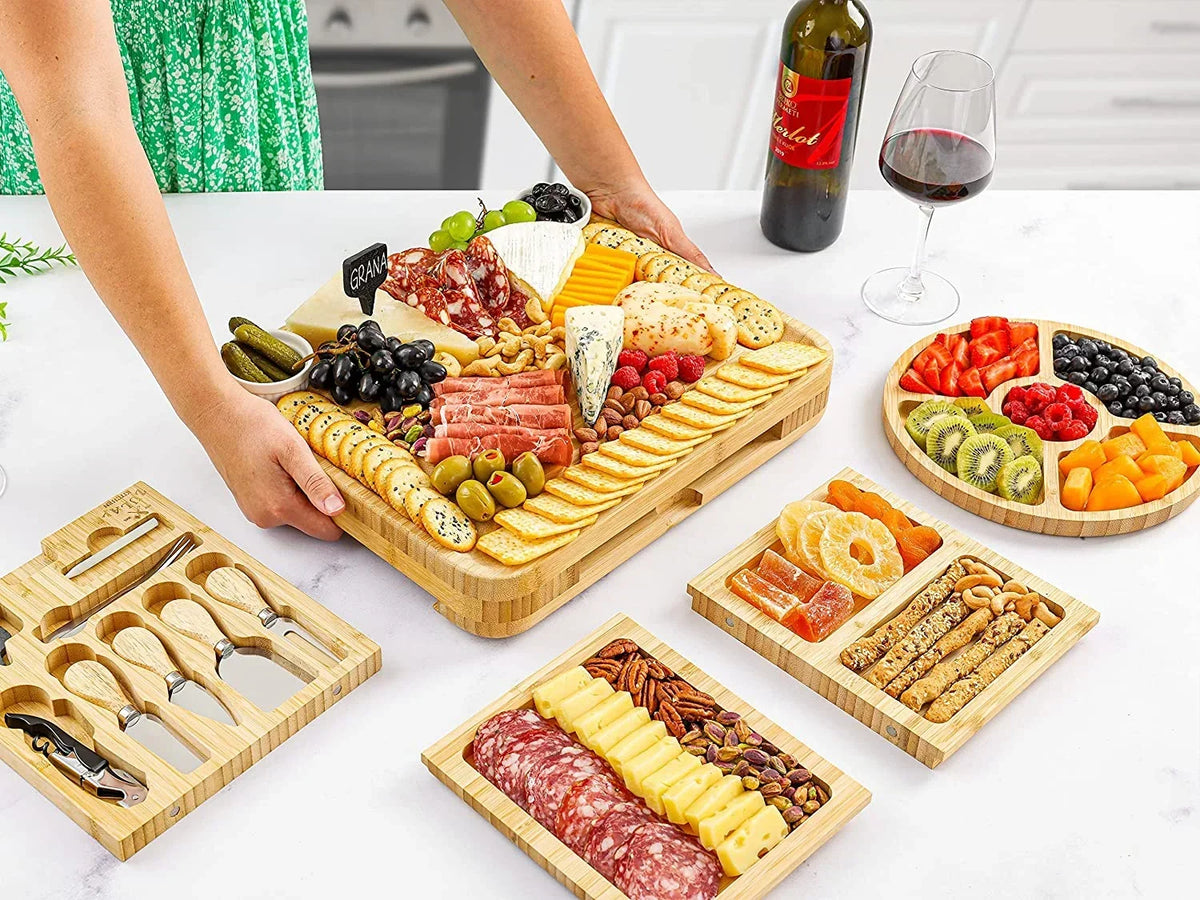 2026 NewZulay Kitchen Bamboo Cheese Board Set Extra Thick Charcuterie Board 15 Piece - Deluxe Set