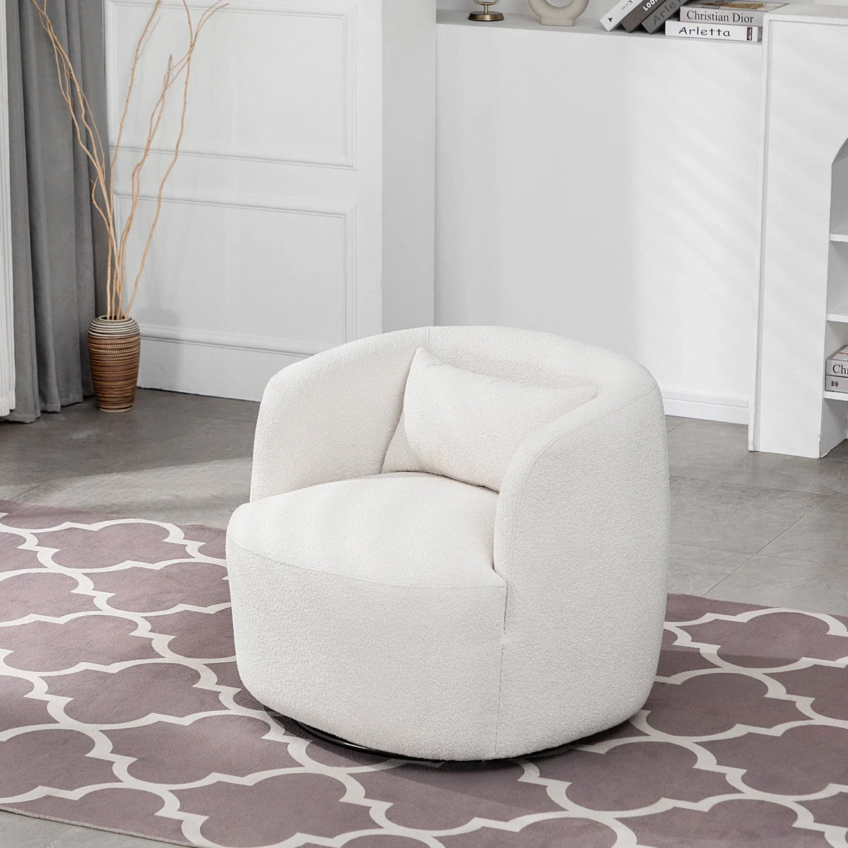 2026 New34" Wide Boucle Swivel Barrel Chair, No Assembly Round Upholstered Armchair Accent Chair Single Sofa Chair with Toss Pillow for Living Room and Bedroom, Taupe