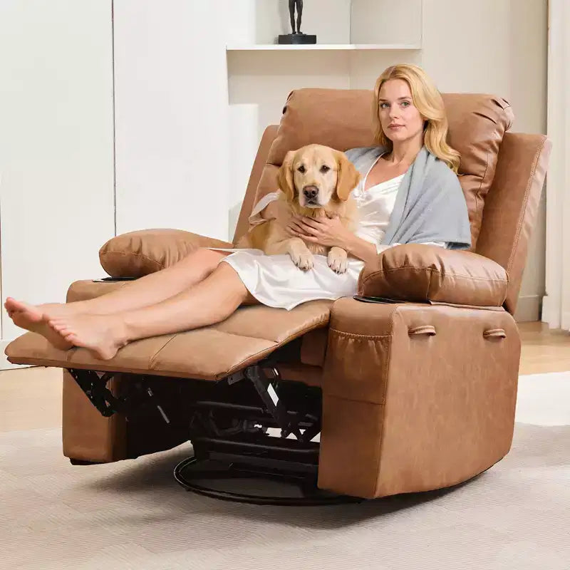2026 Sillón reclinable mecedora giratorio 360° extragrande con masaje y calor, portavasos y bolsillos