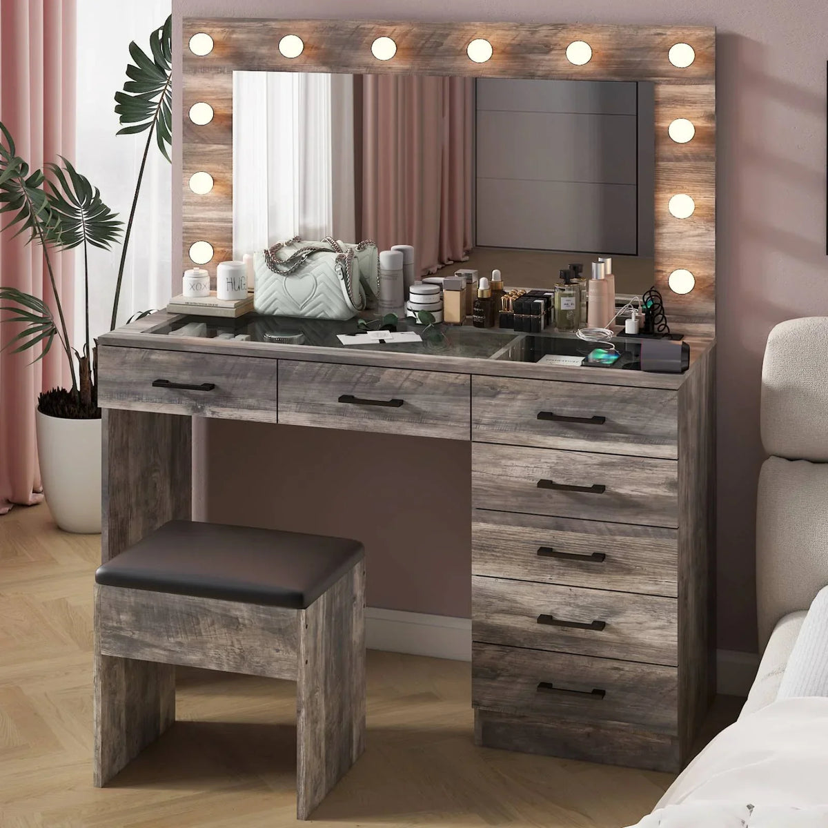 2026 NewKtaxon Large Makeup Vanity, Vanity Table Set w/ Visible Glass Top w/ Charging Station, White