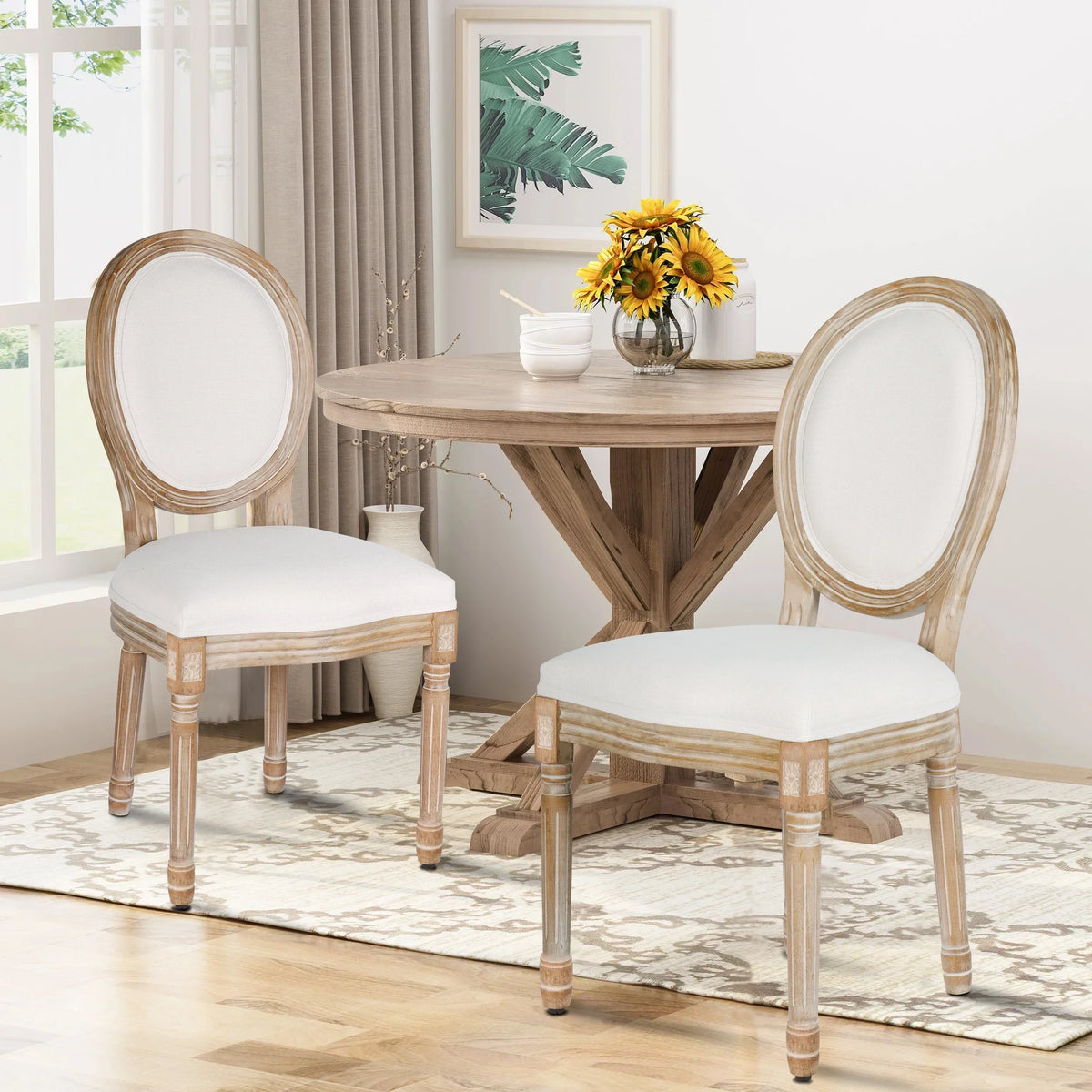 2026 NewFrench Dining Chairs Set of 2 Beige Natural Fabric Round Back with Solid Wood Legs and Frame for Bedroom Dining Room Kitchen