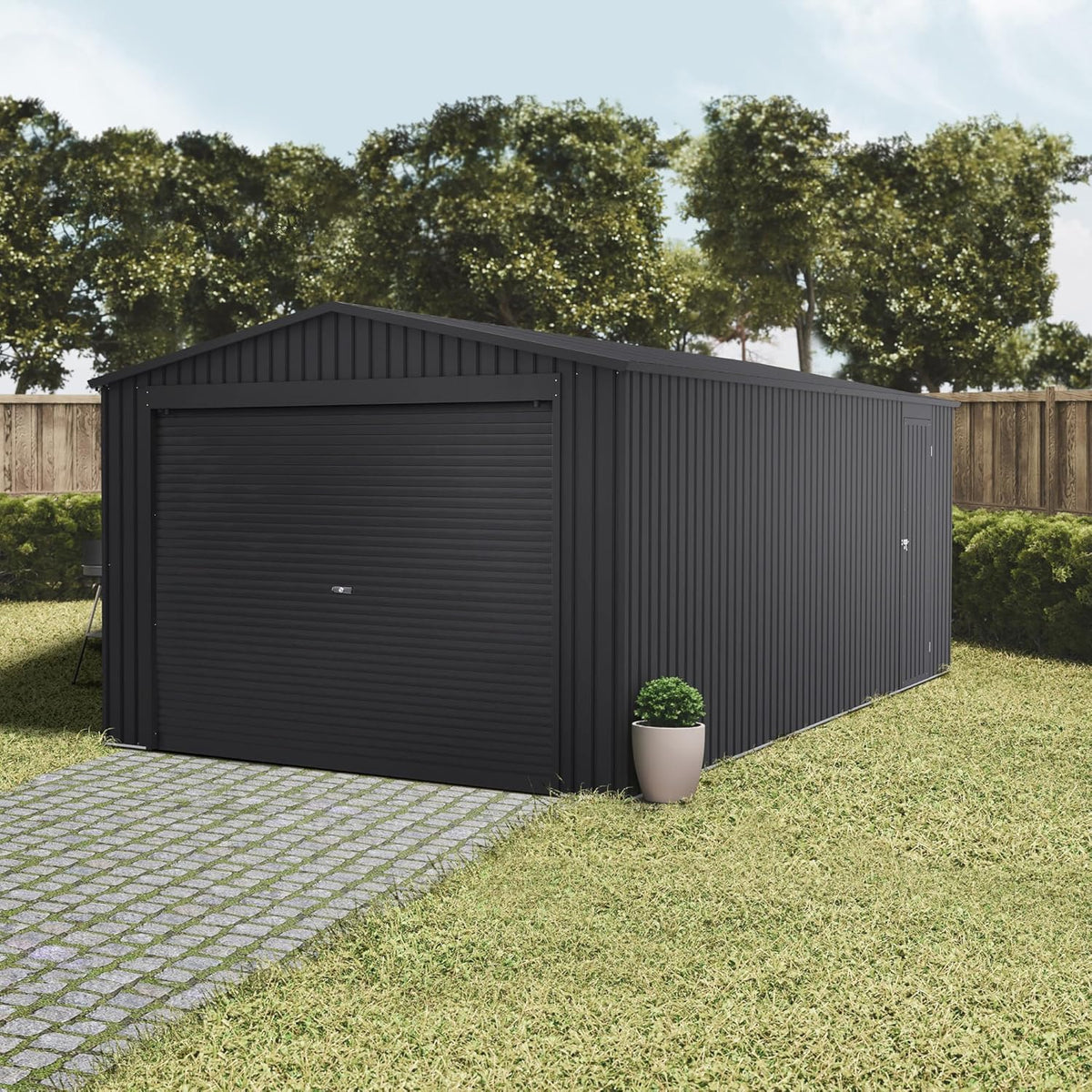 2026 Wasabi - Garaje Metálico 19,52m2 Jarama – Portón Amplio Enrollable - Resguardo Exterior Coche - Cierre Seguridad Llave - Puerta Lateral Peatonal - Cochera Cobertizo Jardín Almacenaje – 576x338x243cm