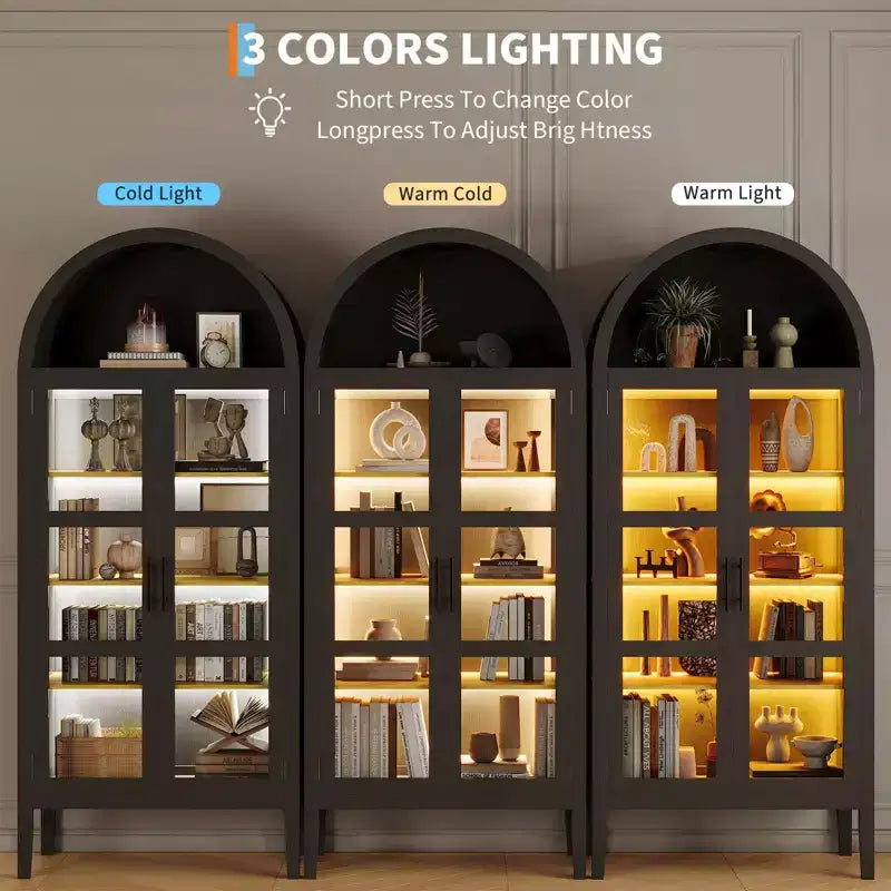 2026 Armario de almacenamiento arqueado negro/blanco de 71" con luces LED y puertas de cristal