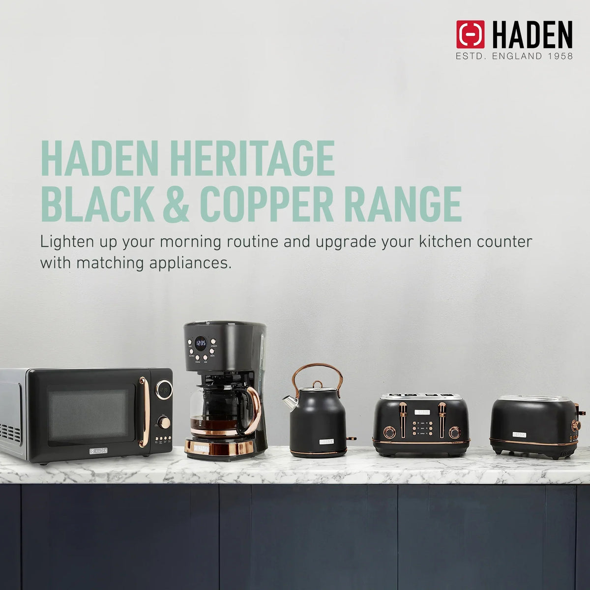 2026 NewHaden Heritage 1500 1.7 Electric Kettle, Matte Black Finish with Copper Accents
