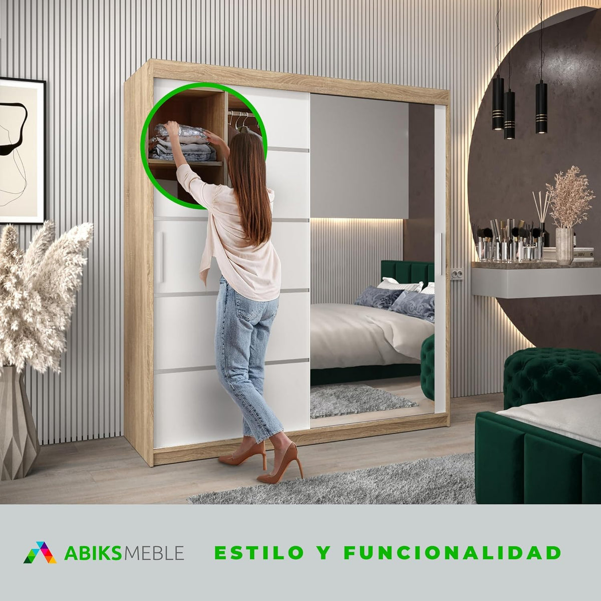 2026 ABIKSMEBLE Verona 2 180 Armario 2 Puertas Correderas para Dormitorio - Armario Moderno con Espejo, Barra y Estantes - 180x200x62 cm (Ancho x Alto x Fondo) - Sonoma Blanco Mate