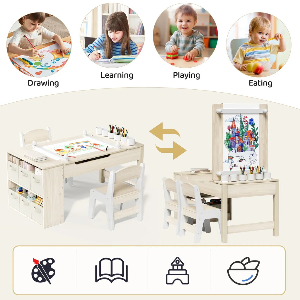 2026 NewLAZY BUDDY Kids Art Table and 2 Chairs Set, 2 in 1 Easel & Toddler Craft Table and Chairs Set with Storage Bins, Paint Cups and Paper Roll, Activity Table Set for Children 3+