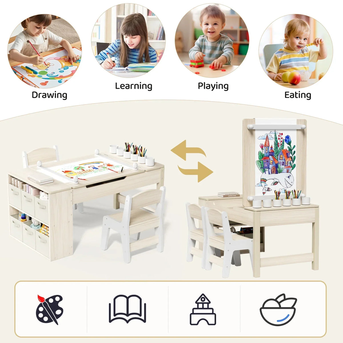 2026 NewLAZY BUDDY Kids Art Table and 2 Chairs Set, 2 in 1 Easel & Toddler Craft Table and Chairs Set with Storage Bins, Paint Cups and Paper Roll, Activity Table Set for Children 3+