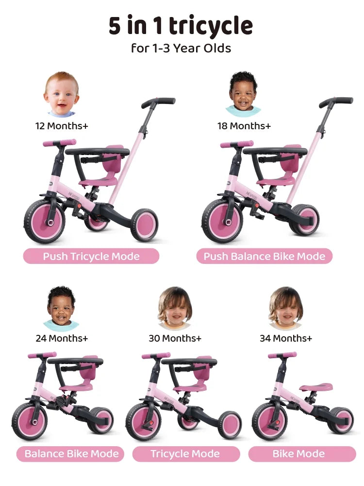 2026 Newnewyoo TR008 5-in-1 Toddler Tricycle with Push Handle, Converts to Balance Bike for 1-3 Year Old, Khaki