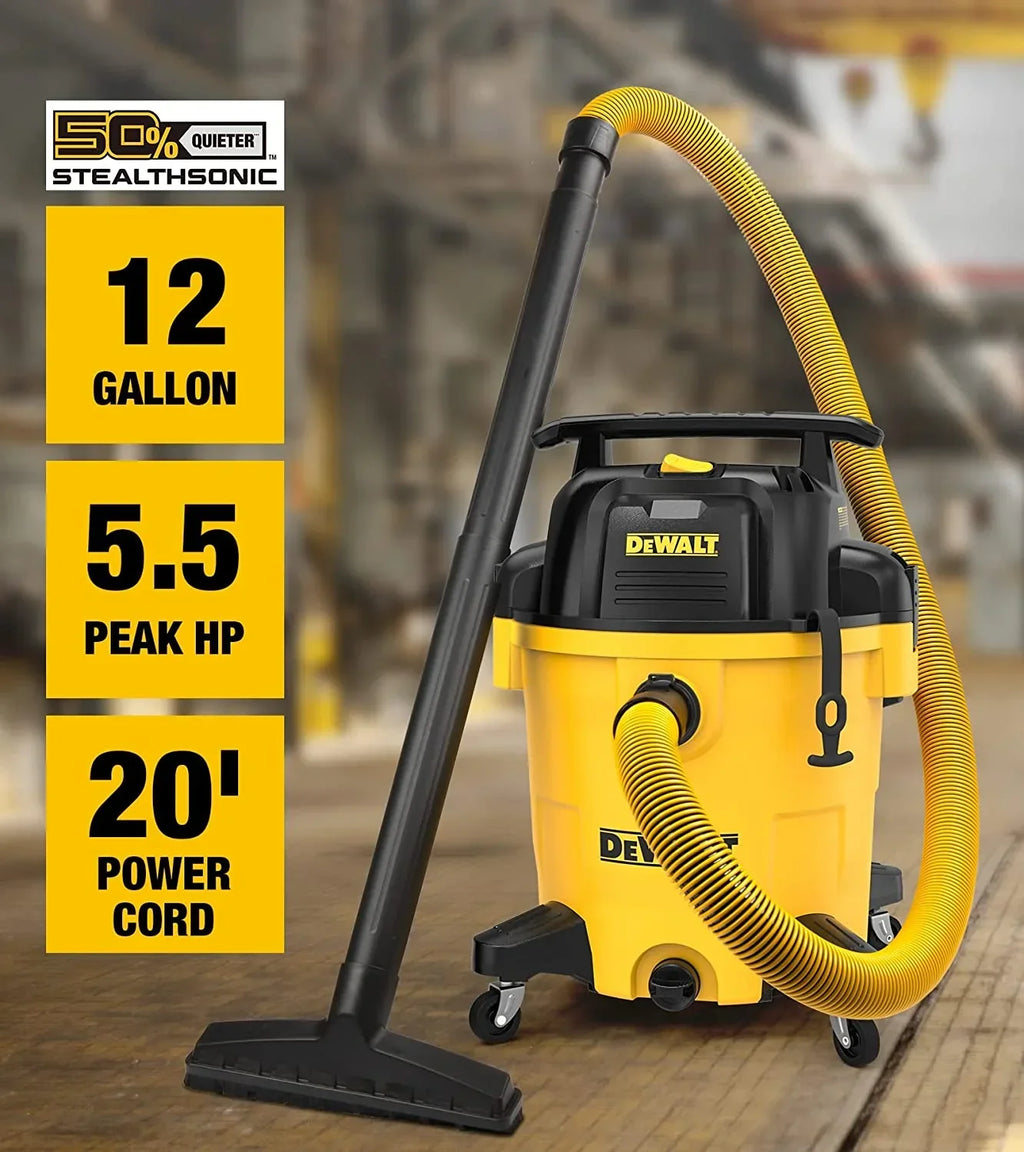 2026 NewDEWALT 12 Gallon STEALTHSONIC Ultra Quiet Poly Wet Dry Vacuum, DXV12P-QTA Newest Noise Reduction Vac, 5.5 Peak HP Shop Vacuum for Jobsite/Workshop, Reduce Motor Noise, Yellow