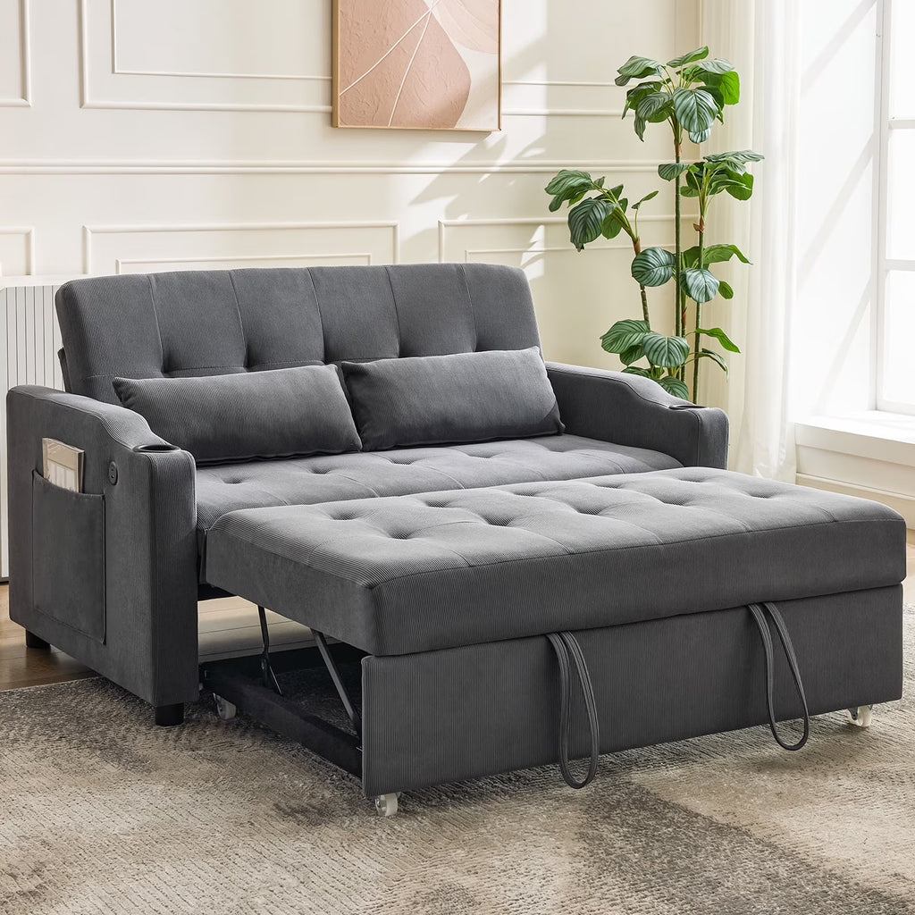 2026 New3 in 1 Convertible Sleeper Sofa Bed, Corduroy Futon Couches with Pull-Out Bed, Adjustable Backrest, Charging Port & Side Pockets, Modern Upholstered Sofa for Living Room, Guest Room