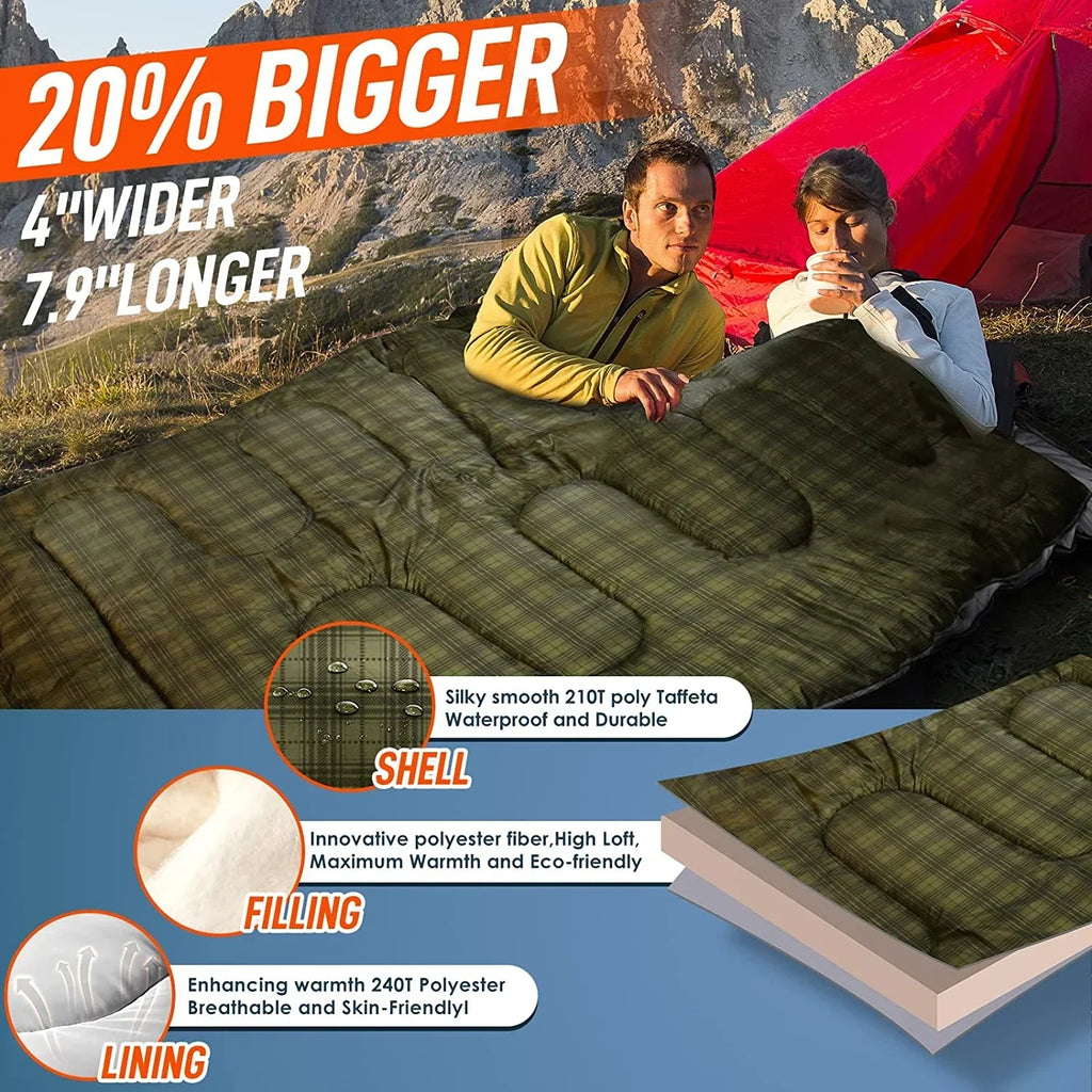 2026 NewDouble Sleeping Bag for Adults Mens with Pillow, XL Queen Size Two Person Sleeping Bag for All Season Camping Hiking Backpacking 2 Person Sleeping Bags for Cold Weather & Warm