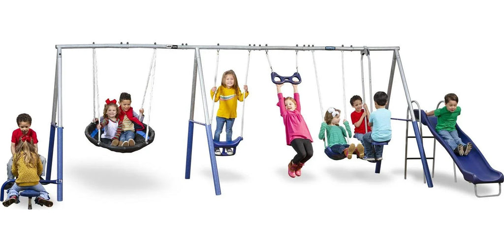 2026 NewXDP Recreation Fun All-Mighty Metal Swing Set with Super Disc Swing. Stand R Swing. Glider. & Slide