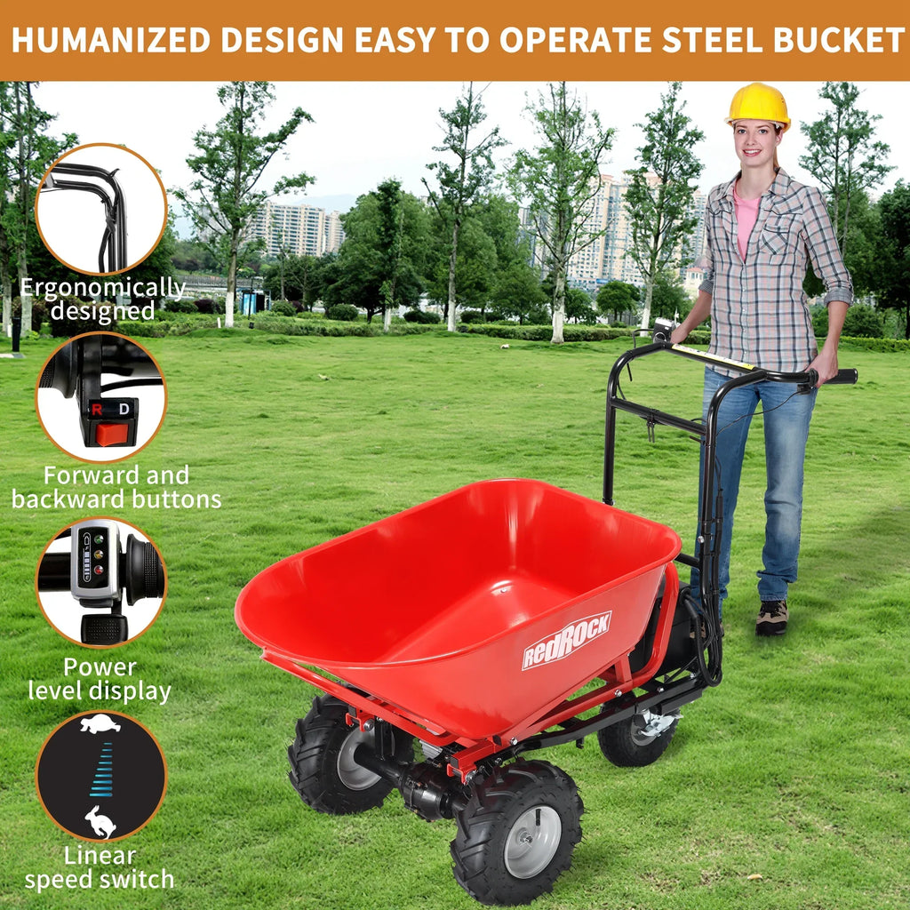 2026 NewRedRock Wheelbarrow Utility Cart Electric Powered Cart 48V28Ah 500W Capacity 500lbs (230kg) Material Debris Hauler 1000lbs Towing