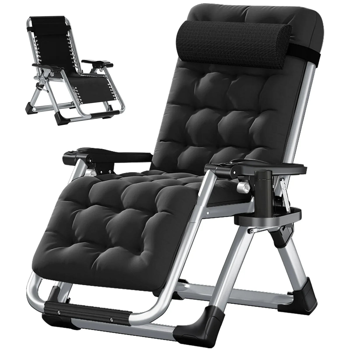 2026 NewNAIZEA 2 Pack Zero Gravity Chair, Foldable Portable Lawn Recliner with Cushion, Headrest, Cup Holder, Black