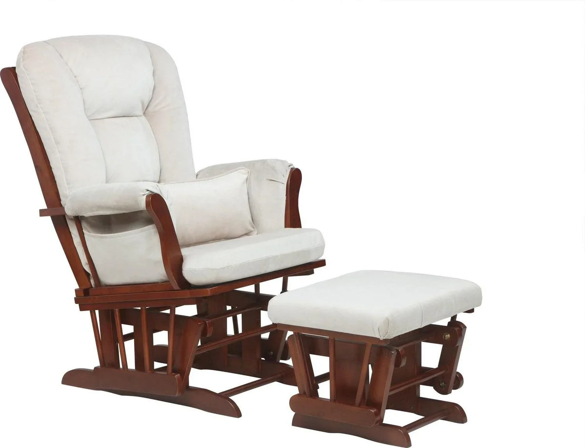 2026 NewAFG Alice Glider and Ottoman with Pillow. Espresso Finish with Beige Cushions