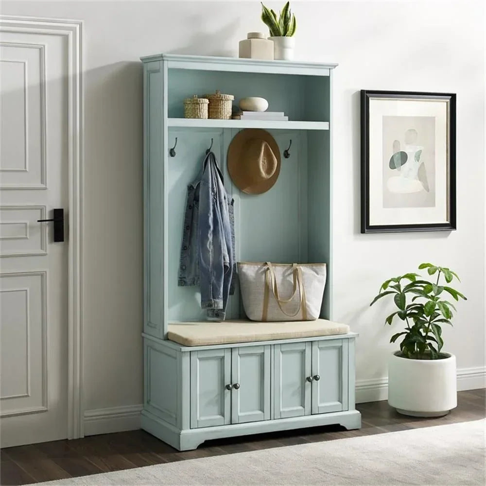 2026 NewBowery Hill Traditional Wood Hall Tree in Seafoam Blue/Oatmeal