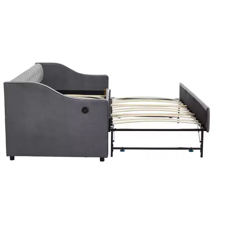 2026 Cama sofá Twin con cama nido, tapizada en terciopelo, puerto USB y bolsillos laterales - ModernLuxe