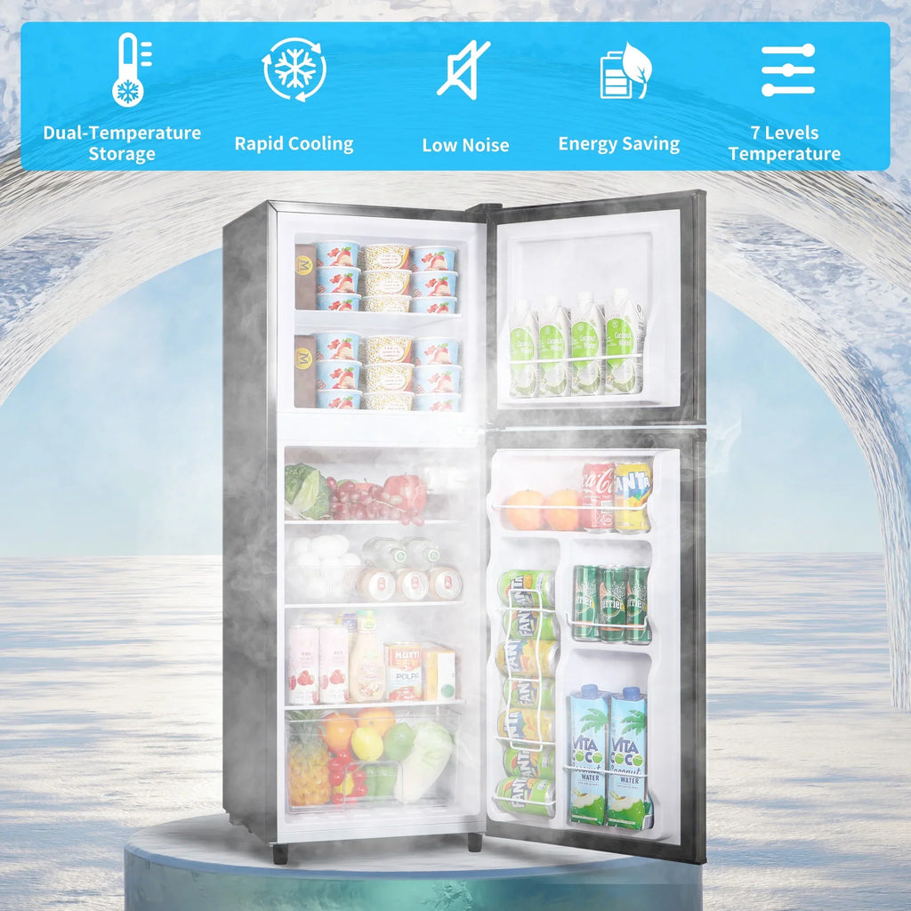 2026 New4.5 Cu.ft Compact Refrigerator 2 Door with Freezer,7 Adjustable Thermostat & 4 Removable Glass Shelves,Large Size Refrigerator for Garage/Bedroom/Kitchen/Apartment and Office,Grey