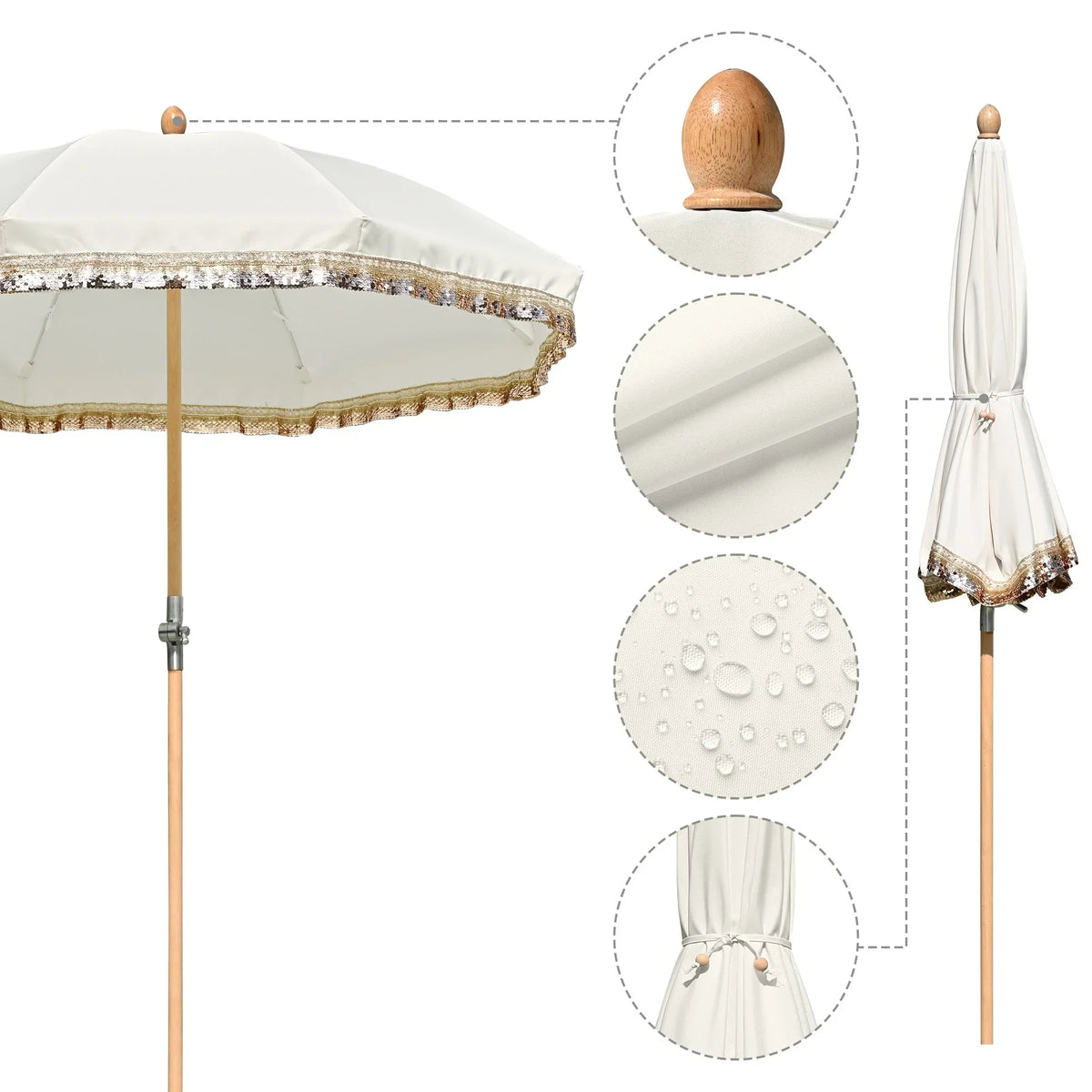 2026 NewLAGarden 6 Ft Fringe Patio Umbrella with Tassel Jazz Age Wood UPF50+ for Outdoor, Beige with gold tassel,Model: JZ6-01