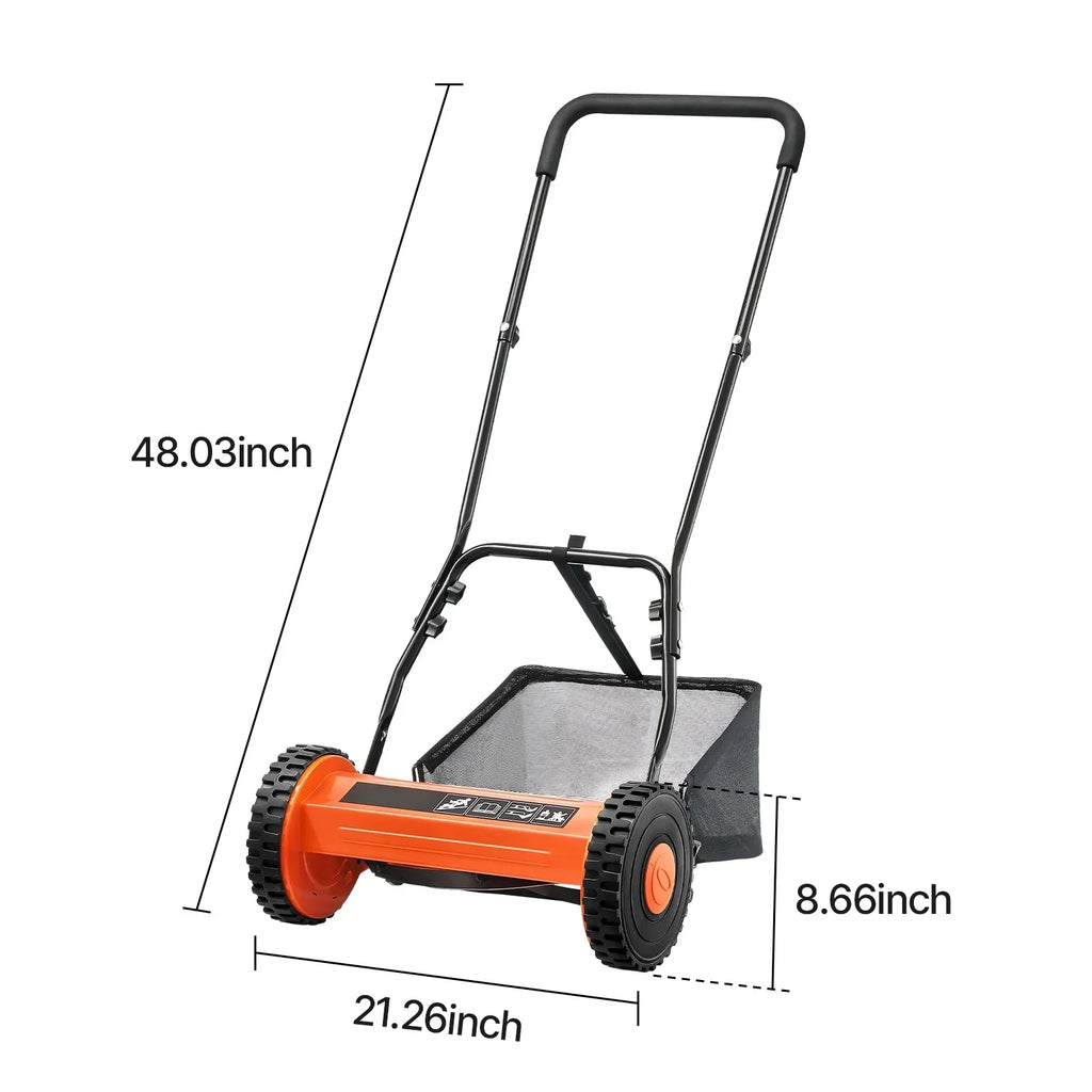 2026 NewKFFKFF 16-Inch Manual Push Reel Lawn Mower, 5-Blade Design, Adjustable Cutting Height from 0.6 to 1.75 Inches, Walk-Behind Mower with Grass Collection Bag for Lawns, Driveways, and Courtyards