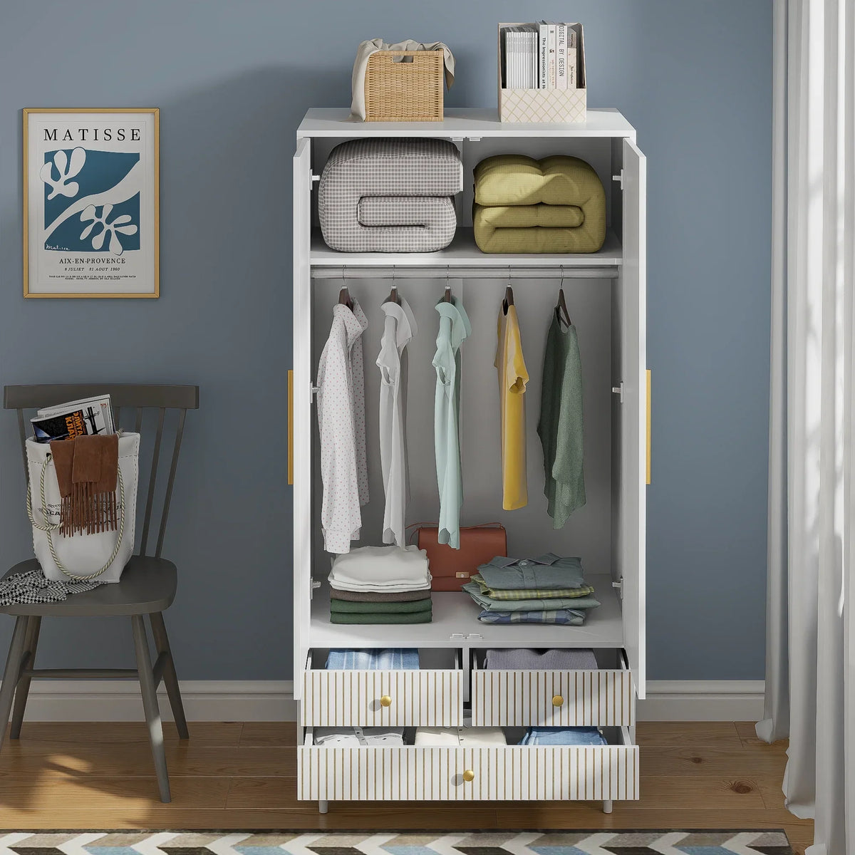 2026 NewArmoire Wardrobe Closet, Closet Wardrobe Cabinet with Drawers and Hanging Rail for Bedroom, White
