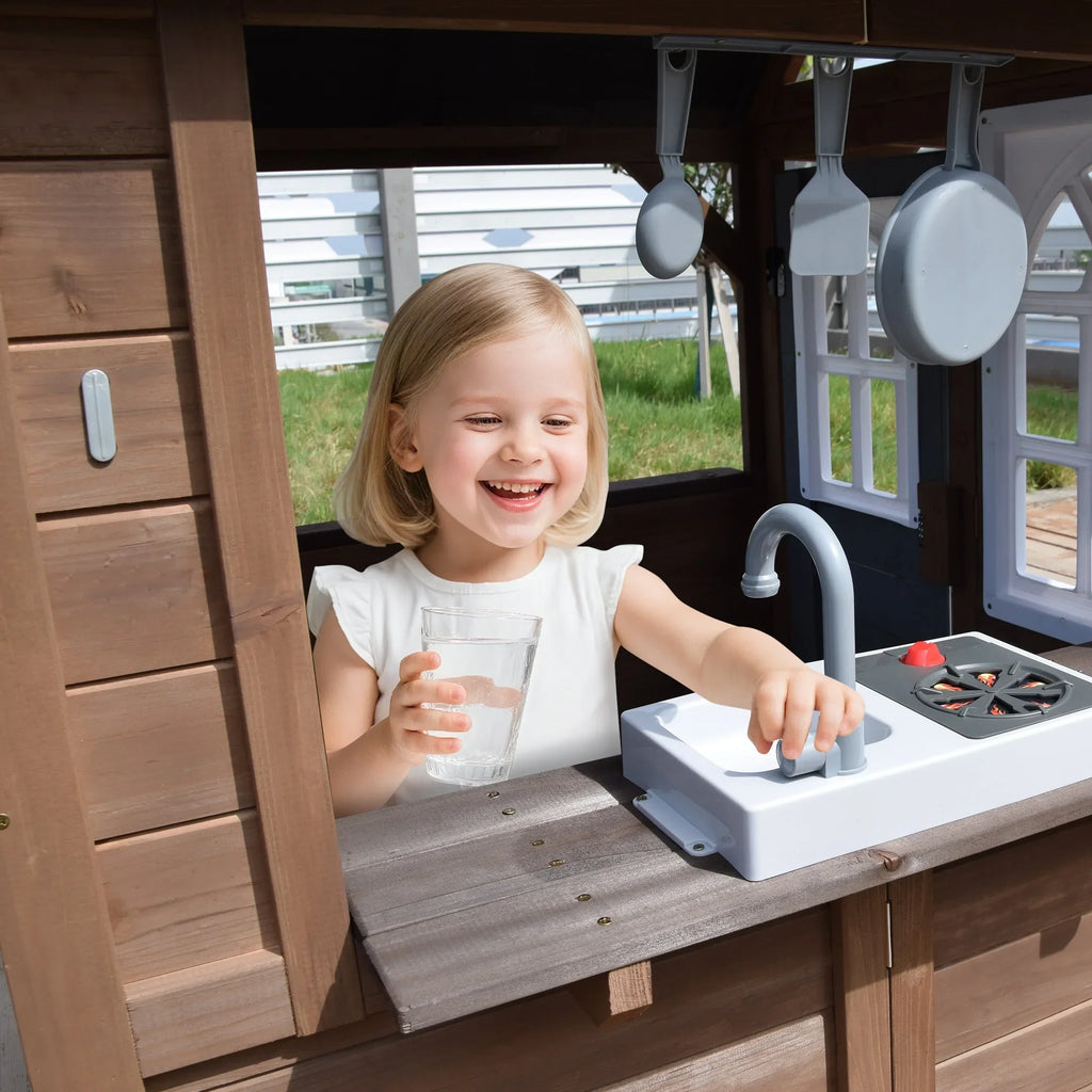 2026 NewCOCLUB Outdoor Playhouse, Wooden Playhouse for Kids Toddlers, Large Kids Playhouse with Bench/Fence/Kitchen/Door Nameplate/Pretend Phone, Girls Boys Outdoor Toy Gift for Ages 3+, (62.99"W* 67.32"L)