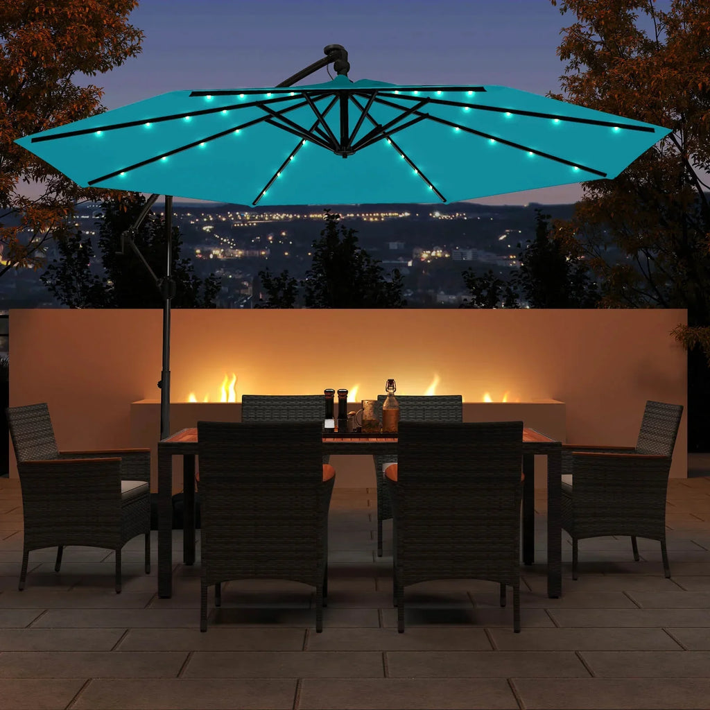 2026 NewCostway 10 FT Solar Offset Hanging Umbrella Patio Cantilever Umbrella with 32 LED Lights Brown