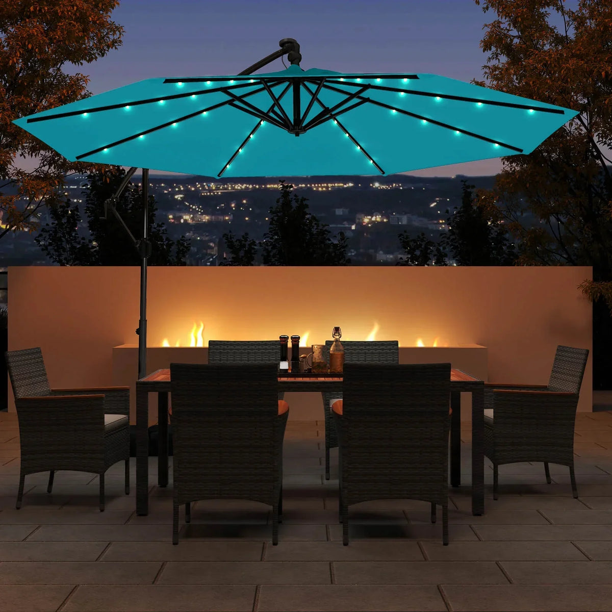 2026 NewCostway 10 FT Solar Offset Hanging Umbrella Patio Cantilever Umbrella with 32 LED Lights Brown