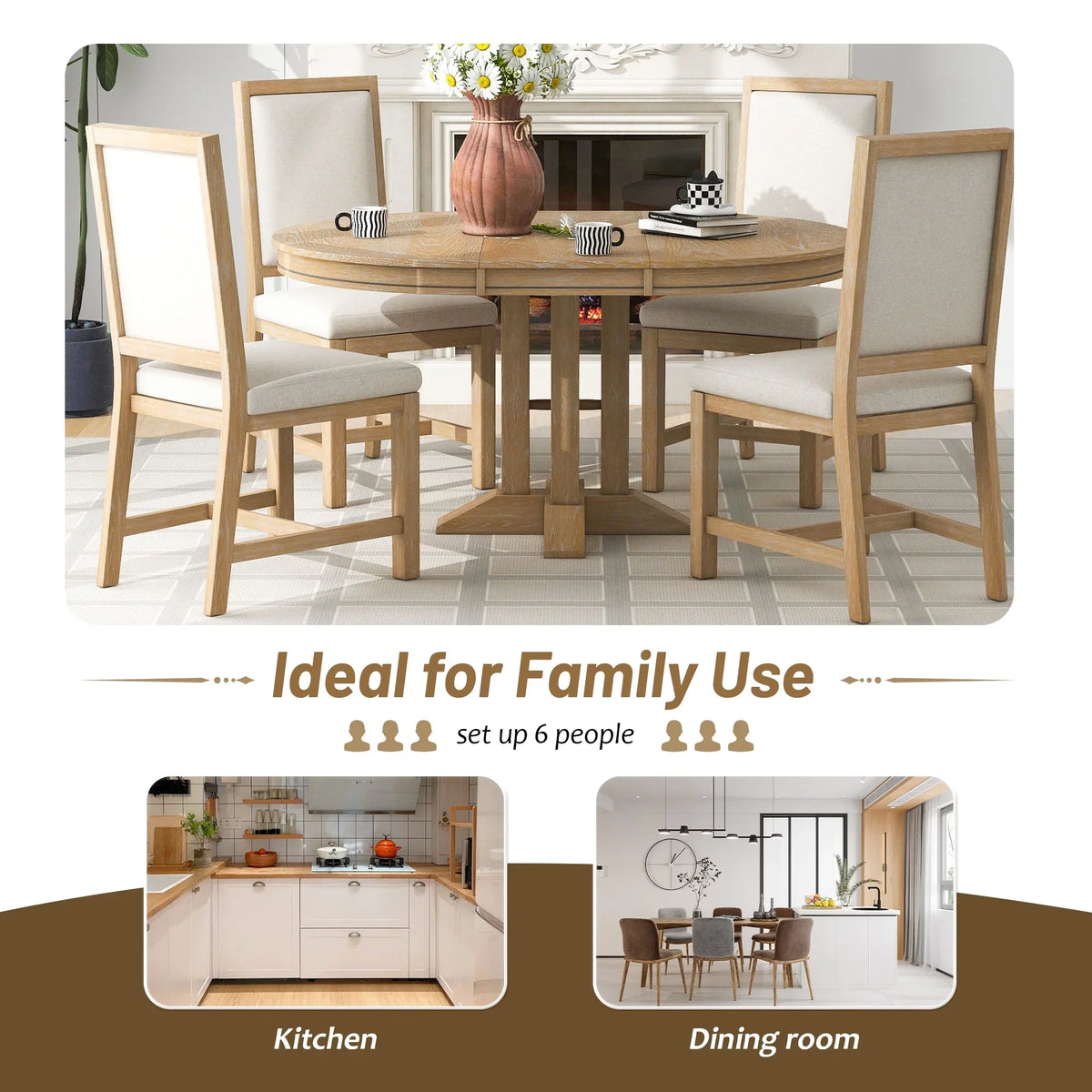 2026 New5 Piece Round Dining Table Set, Dining Room Set with Extendable Table and 4 Upholstered Chairs, Wood Dining Table Set for 4, Farmhouse Dining Table Set for Kitchen Dining Room Dorm Apartment, Brown