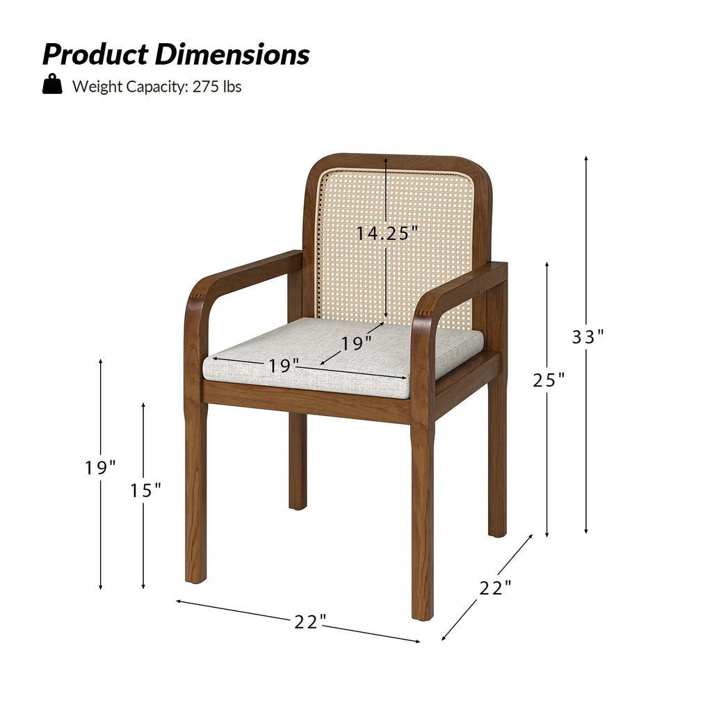 2026 NewRattan Dining Chairs Set of 2 Wooden Armchairs Removable Cushion Home Kitchen Restaurant Acorn