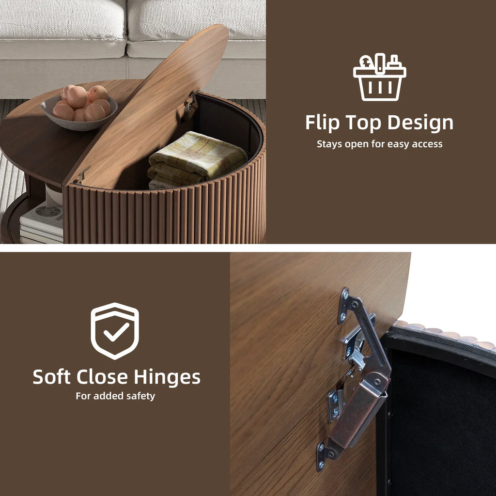 2026 NewJOINICE Round Coffee Table with Storage and Sliding Door,Mid Century Modern Wooden Center Table,for Living Room,Walnut