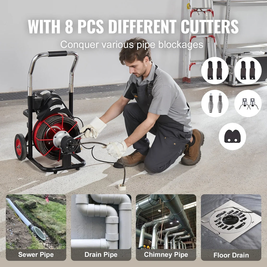 2026 NewVEVOR Drain Cleaner Machine 100FT x 3/8 Inch, Auto Feed Sewer Snake Auger on Wheels, 370W Portable Drain Cleaning Machine with 8 Cutters & Air-activated Foot Switch for 2" to 4" Pipes