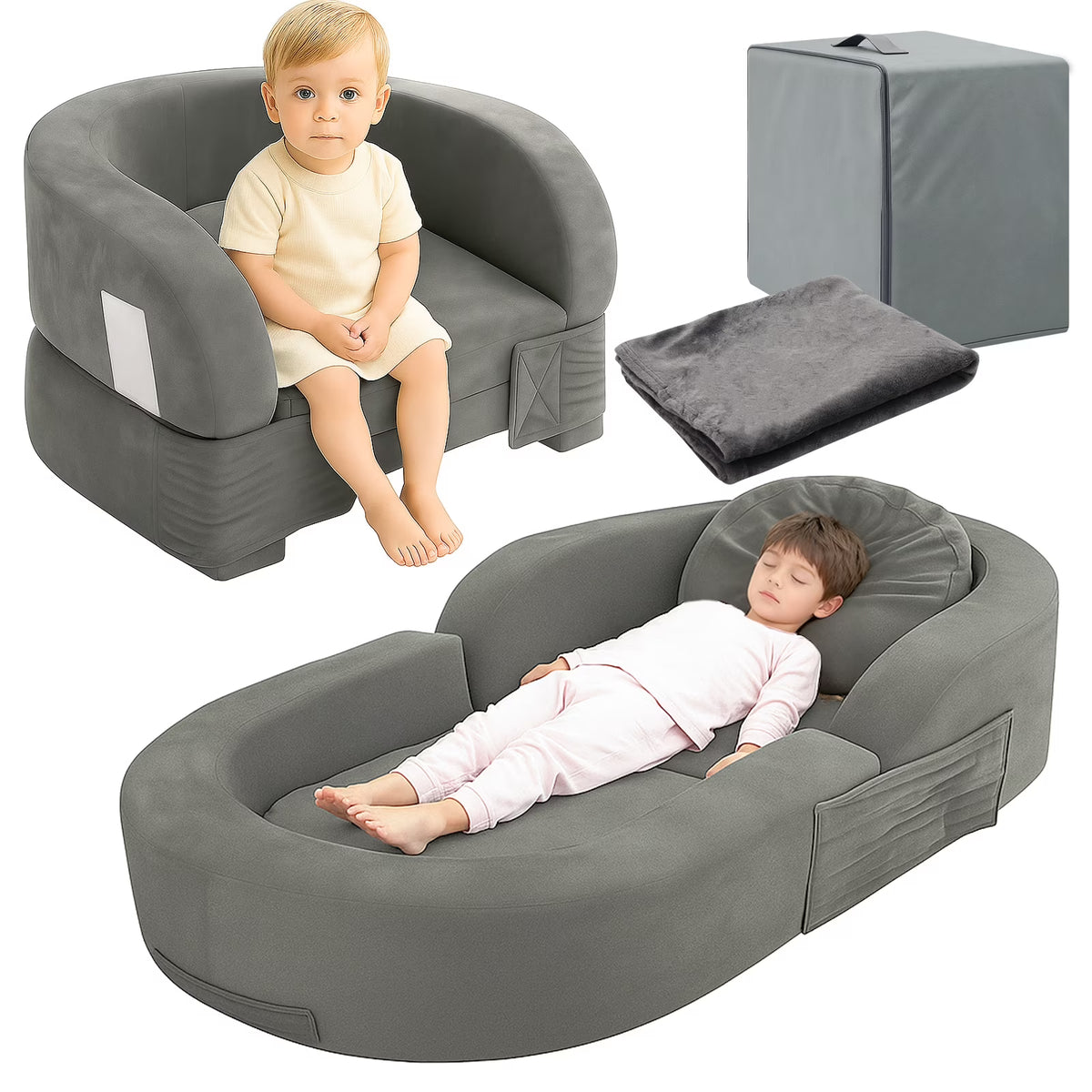 2026 NewCoumy Toddler Travel Bed 2-in-1 Kids Sofa Chair with Removable Cover, Soft Foam Portable Foldable Toddler Bed for Travel with Carrying Bag, Blue
