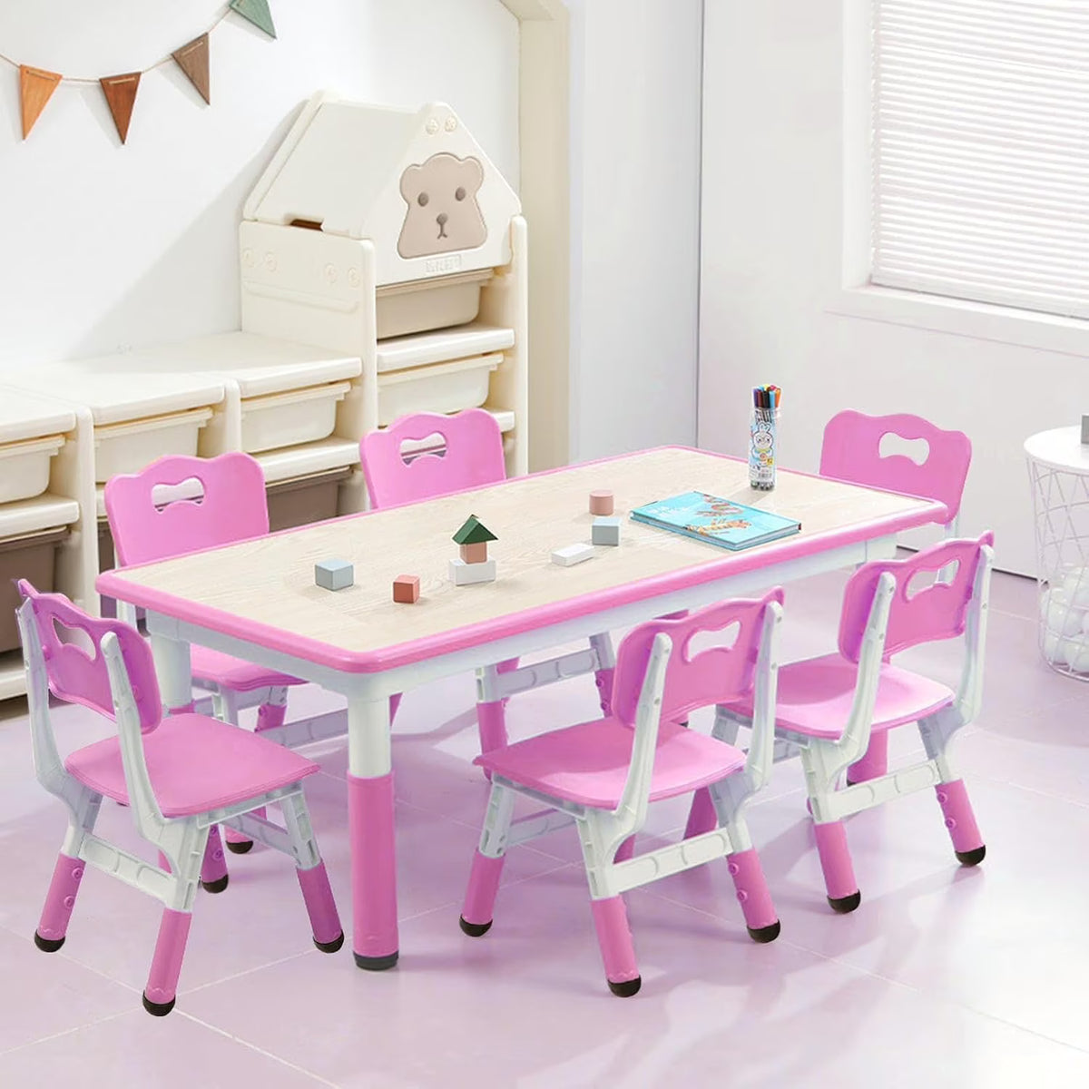 2026 NewTROPOW Kids Table and Chairs,Height Adjustable Toddler Table and 6 Chair,Multi-Activity Table with Graffiti Desktop Non-Slip Legs for Ages 2-10,Children Activity Table for Daycare,Classroom,Blue