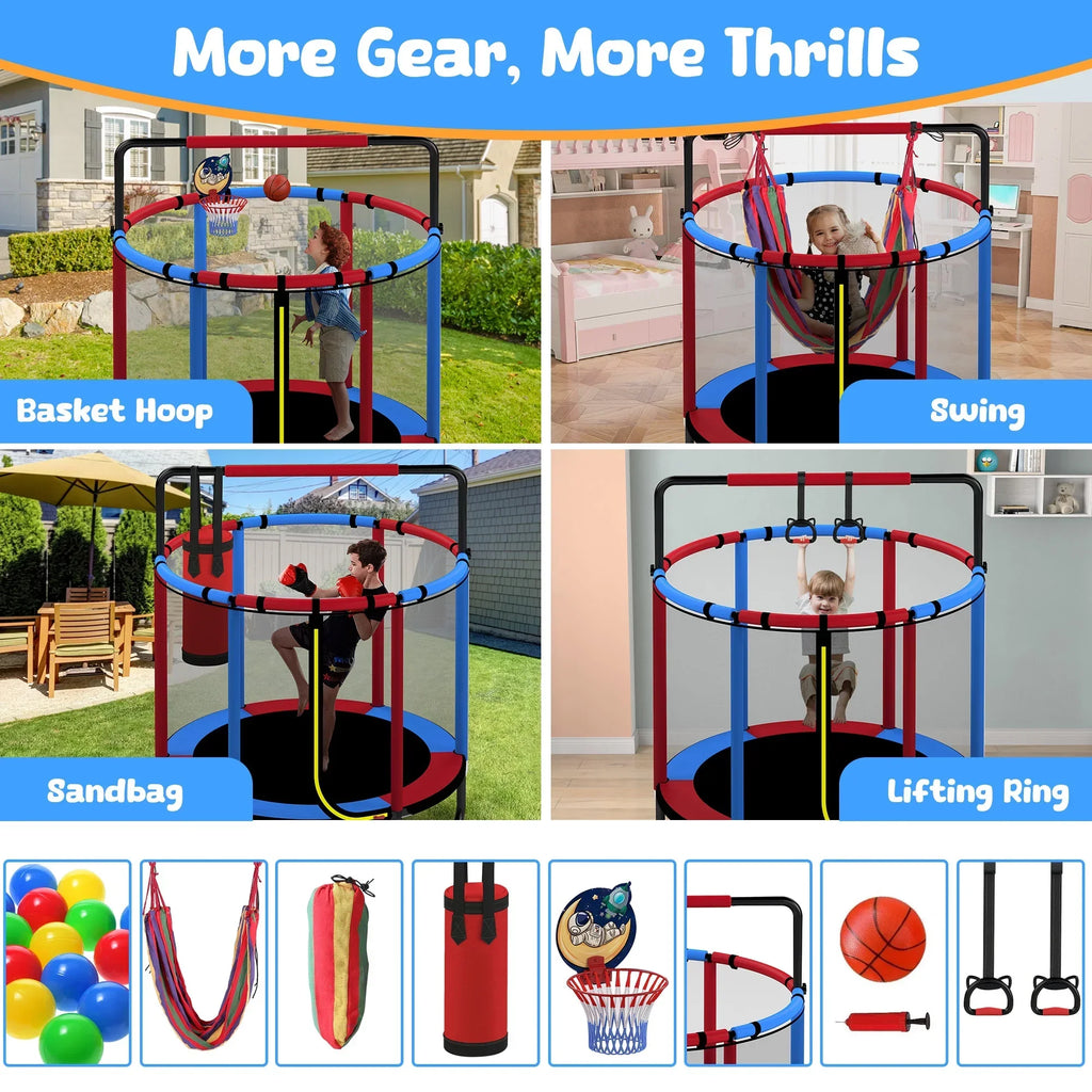 2026 NewMini Round Trampoline for Kids with Basketball Hoop, SEGMART 55'' Indoor Outdoor Toddler Trampoline with Enclosure Net, Swing, Sandbag, Ring, Ocean Balls, Small Trampoline Gift for Boys Girls, Blue