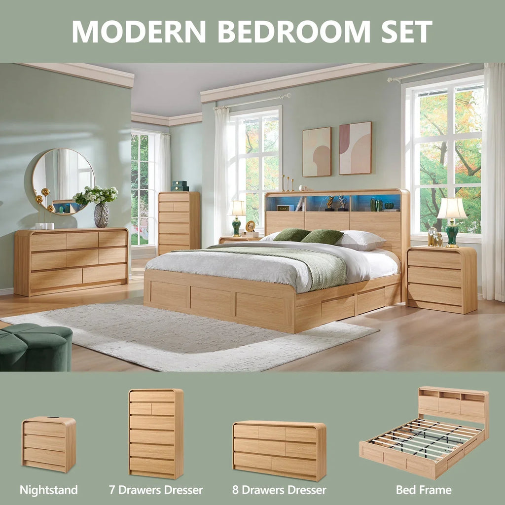 2026 Newwow97e Modern 8 Drawers Dresser for Bedroom, 55" Wide Wood Chest of Drawers w/Curved Profile Design, for Bedroom, Living Room, Natural Oak
