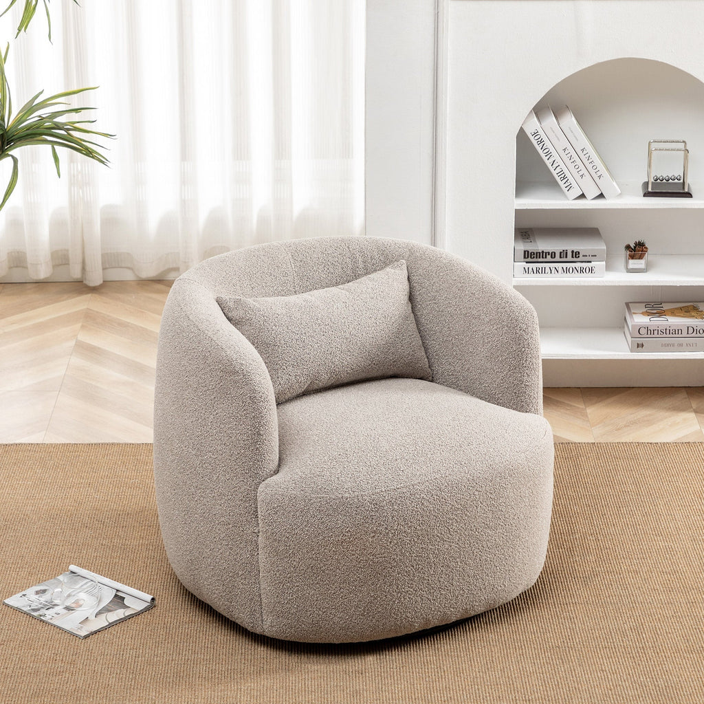 2026 New34" Wide Boucle Swivel Barrel Chair, No Assembly Round Upholstered Armchair Accent Chair Single Sofa Chair with Toss Pillow for Living Room and Bedroom, Taupe