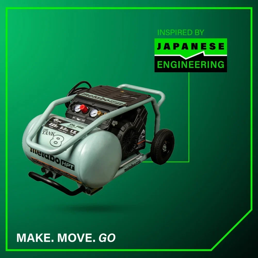2026 NewMetabo HPT Air Compressor, THE TANK, 8-Gallon Trolley Air Compressor, 225 PSI, Versatile for Use with Framing, Siding, Finish, or Roofing Nailers, Easy Mobility with Rubber Tires, EC1315S