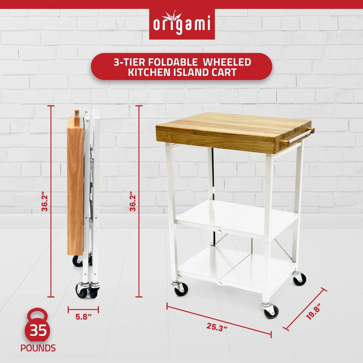 2026 NewOrigami Foldable Wheeled Portable Solid Wood Top Kitchen Island Bar Cart