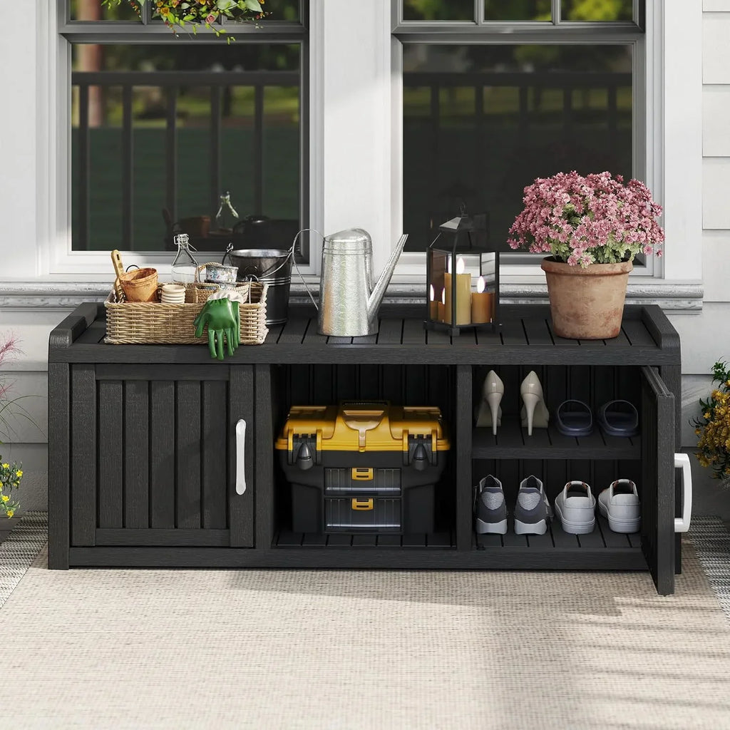 2026 NewKAMABOKO Outdoor Shoe Storage Cabinet, Waterproof UV-Resistant Entryway Storage Bench Indoor Outdoor with 2 Barn Doors, Adjustable Shelves for Entryway, Bedroom, Hallway,Living Room(Black)