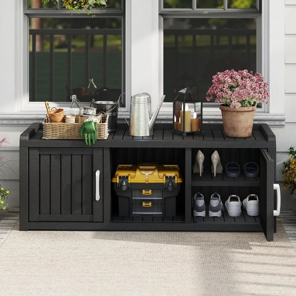 2026 NewKAMABOKO Outdoor Shoe Storage Cabinet, Waterproof UV-Resistant Entryway Storage Bench Indoor Outdoor with 2 Barn Doors, Adjustable Shelves for Entryway, Bedroom, Hallway,Living Room(Black)