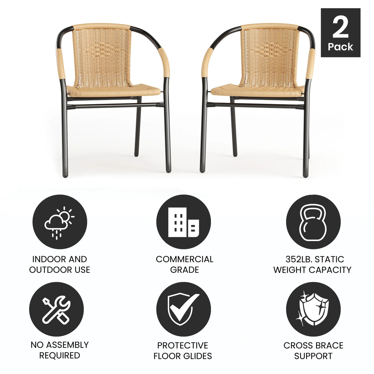 2026 NewEmma + Oliver Indoor/Outdoor Stacking Rattan Restaurant Patio Chairs, Set of 2, Gray