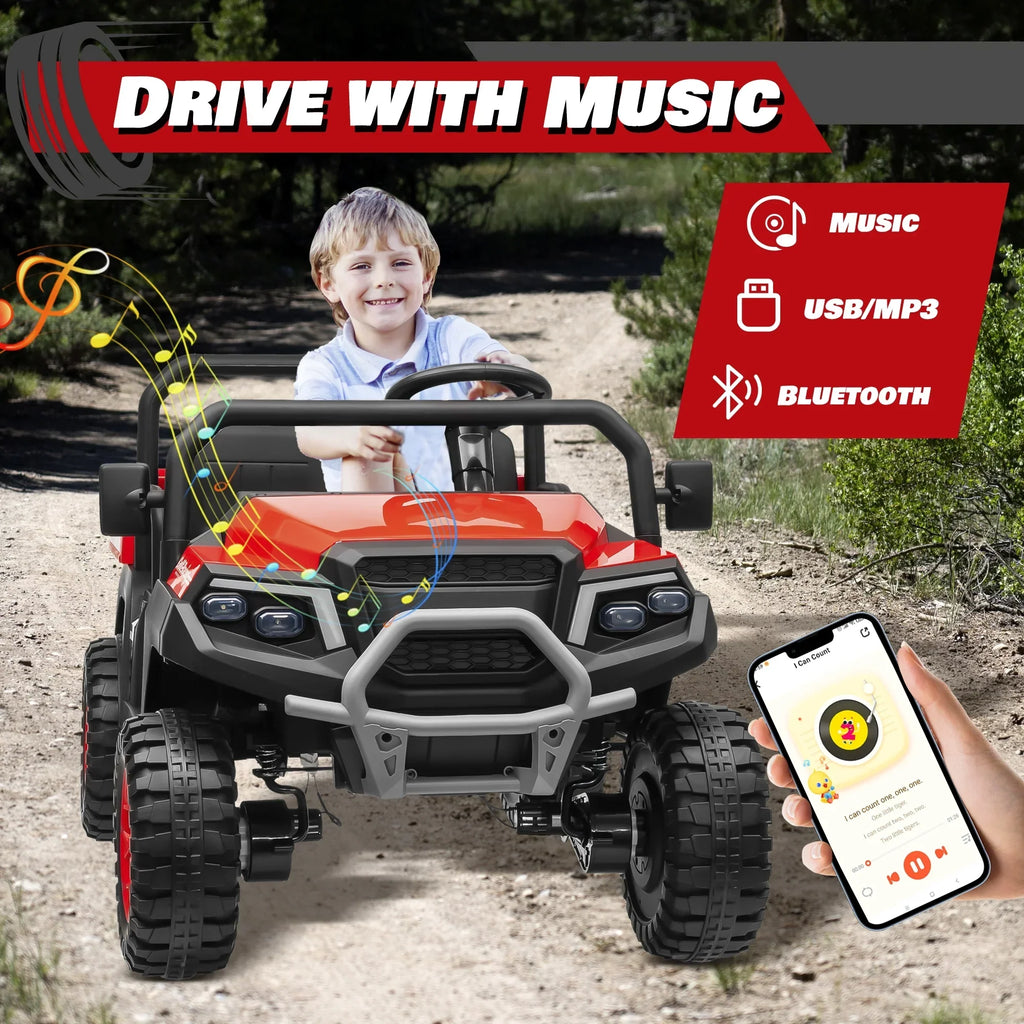 2026 NewJoyracer 4WD 24 Volt Ride on Toys UTV with 2 Seater & Remote Control, Kids Electric Golf Cart w/ 4x200W Power Motors, Tiltable Trailer & Shovel, 4 Wheels Spring Suspension, Bluetooth USB Music, Black
