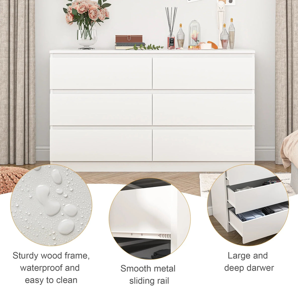 2026 NewResenkos Modern Mid Century 6 Drawer Wide Dressers Chests for Bedroom, Chest of Drawer Organizer Grey