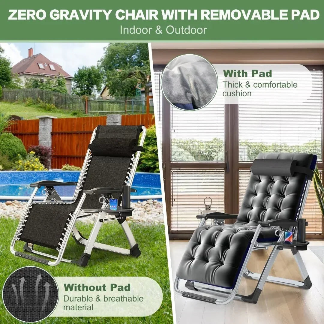 2026 NewNAIZEA 2 Pack Zero Gravity Chair, Foldable Portable Lawn Recliner with Cushion, Headrest, Cup Holder, Black